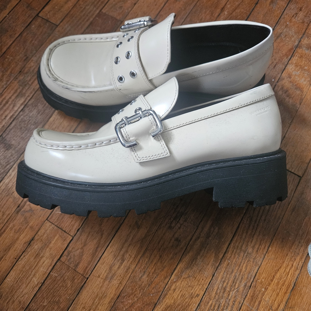 Vagabond Cream Lug Sole Loafers with Silver Buckle